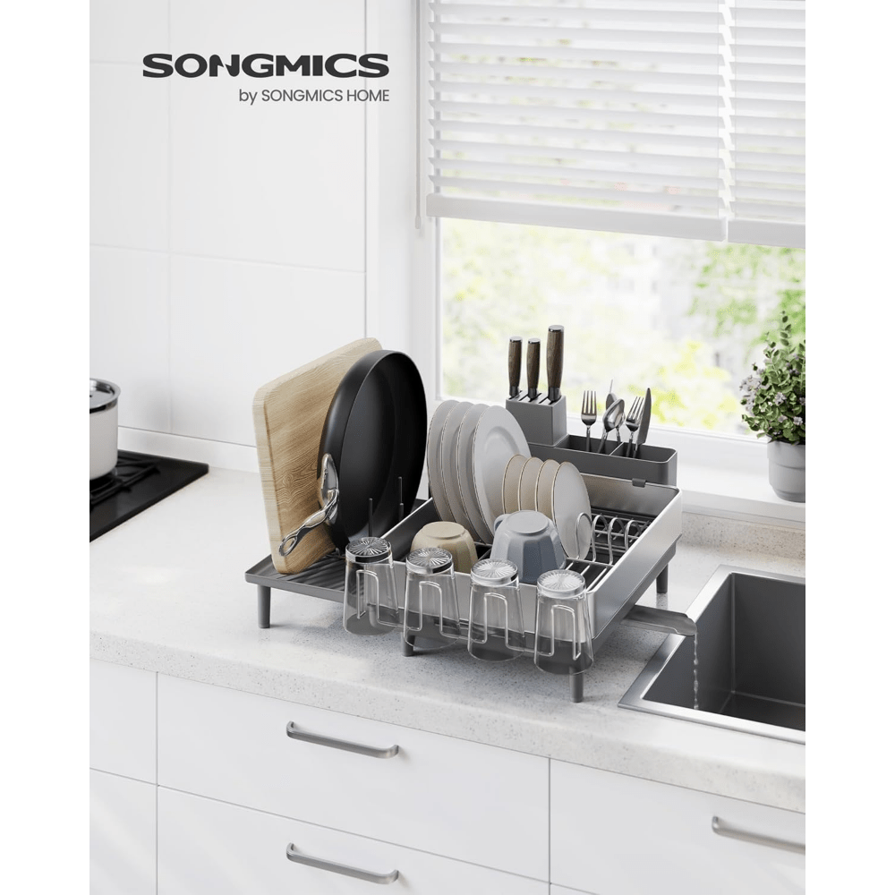 large dish drying rack expandable dish dryer for kitchen counter stainless steel dish rack with rotatable spout utensil cup glass cutting board pan holders Product details 2