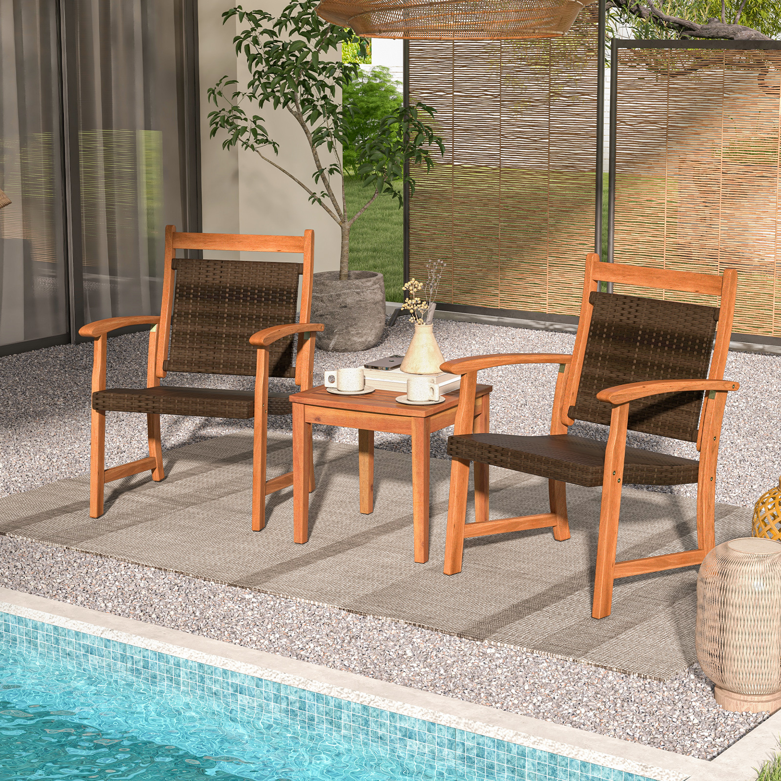 COSTWAY 2-Seat Patio Loveseat with Built-in Coffee Table, Outdoor Wicker Conversation Set with Acacia Wood Table, Umbrella Hole, Rattan Porch Chairs for Yard Garden Poolside Balcony