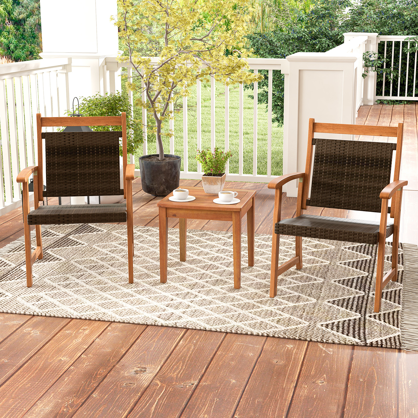 COSTWAY 2-Seat Patio Loveseat with Built-in Coffee Table, Outdoor Wicker Conversation Set with Acacia Wood Table, Umbrella Hole, Rattan Porch Chairs for Yard Garden Poolside Balcony