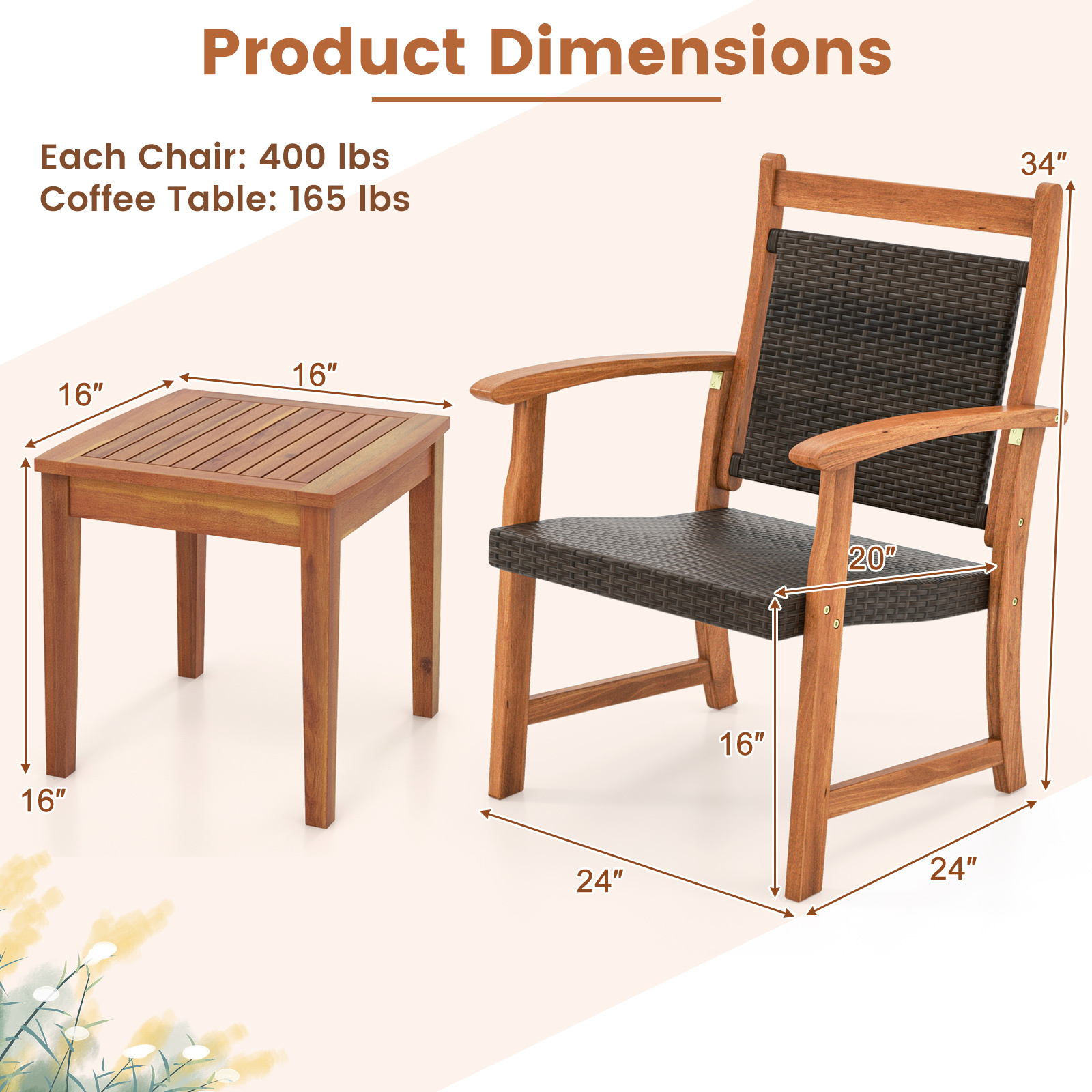 COSTWAY 2-Seat Patio Loveseat with Built-in Coffee Table, Outdoor Wicker Conversation Set with Acacia Wood Table, Umbrella Hole, Rattan Porch Chairs for Yard Garden Poolside Balcony