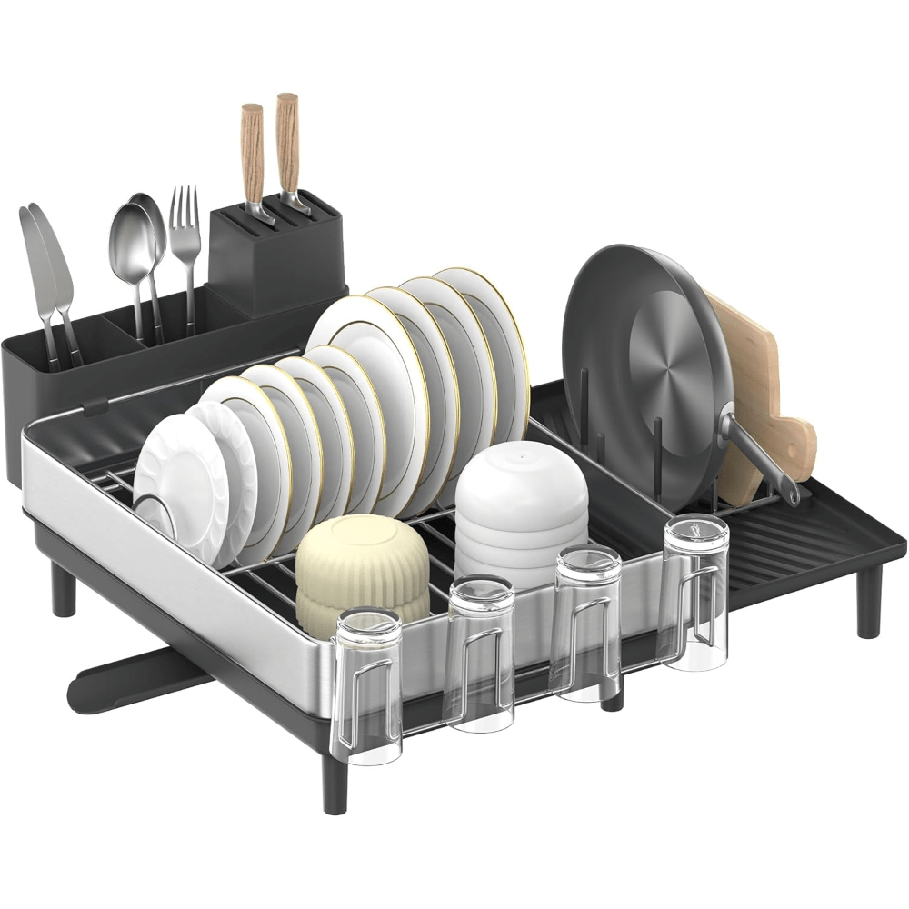 large dish drying rack expandable dish dryer for kitchen counter stainless steel dish rack with rotatable spout utensil cup glass cutting board pan holders Product details 1
