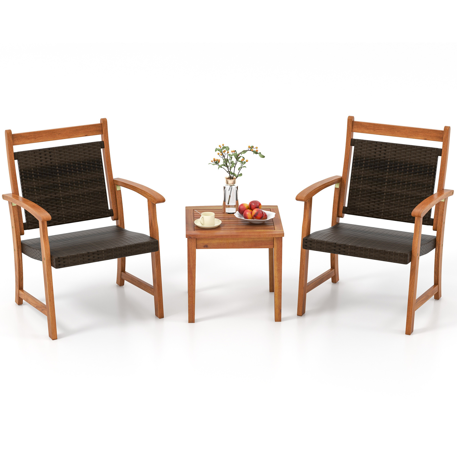 COSTWAY 2-Seat Patio Loveseat with Built-in Coffee Table, Outdoor Wicker Conversation Set with Acacia Wood Table, Umbrella Hole, Rattan Porch Chairs for Yard Garden Poolside Balcony