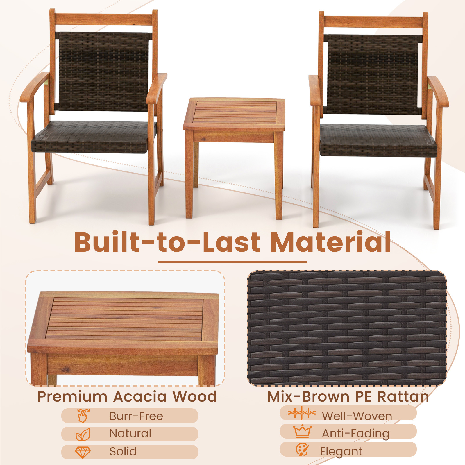 COSTWAY 2-Seat Patio Loveseat with Built-in Coffee Table, Outdoor Wicker Conversation Set with Acacia Wood Table, Umbrella Hole, Rattan Porch Chairs for Yard Garden Poolside Balcony