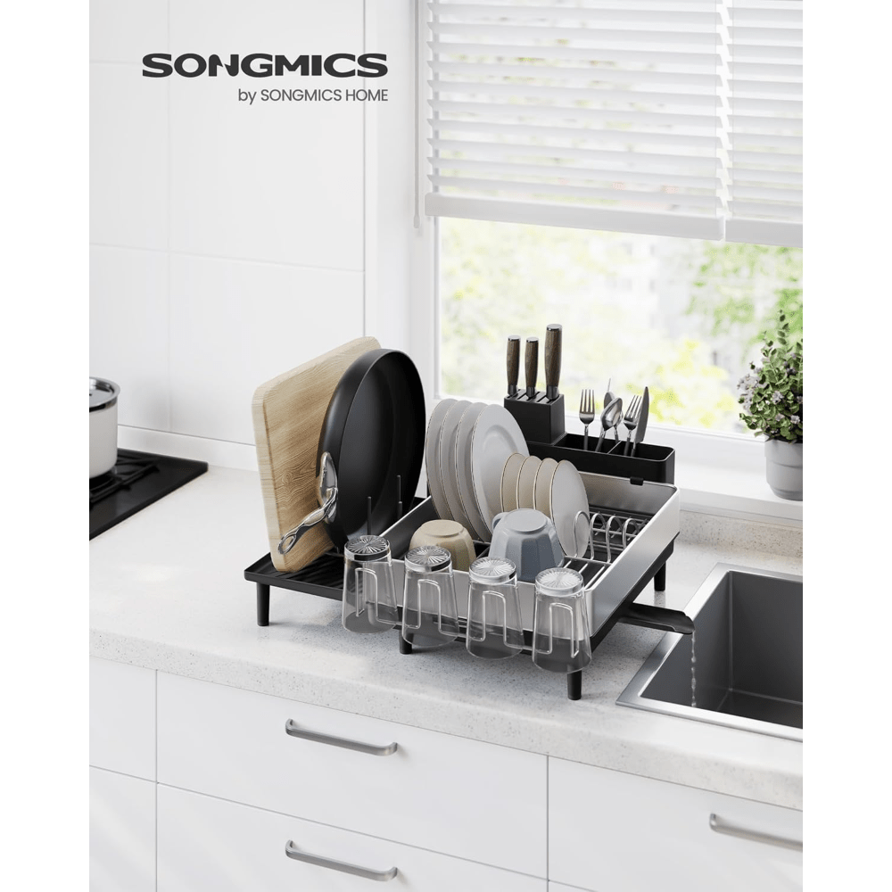 large dish drying rack expandable dish dryer for kitchen counter stainless steel dish rack with rotatable spout utensil cup glass cutting board pan holders Product details 0