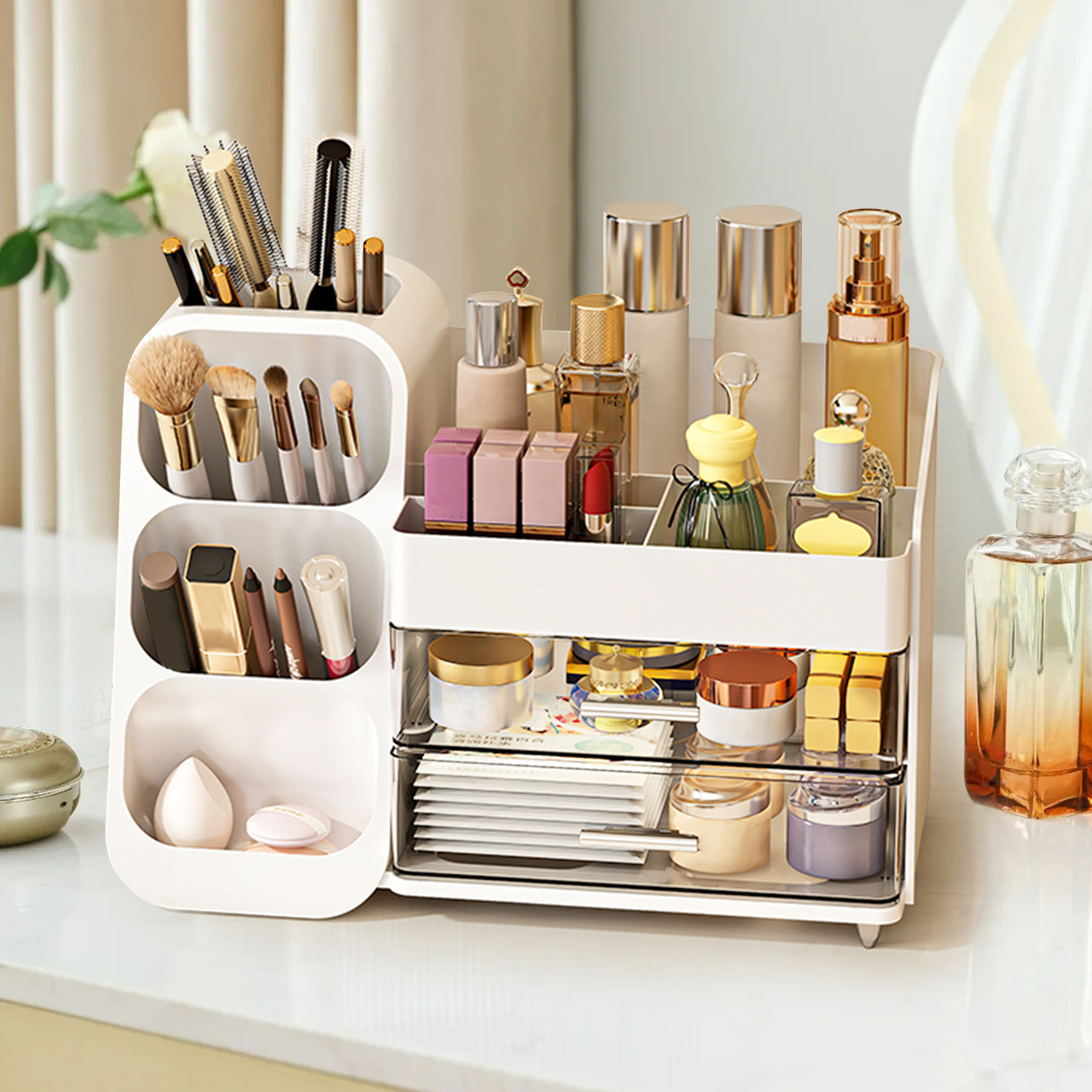 

Makeup Organizer With Drawers, Large Capacity Countertop Organizer For Vanity, Bathroom And Bedroom Desk Cosmetics Organizer, Easy To Storage Skincare, Brushes, Eyeshadow, Lotions, Lipstick