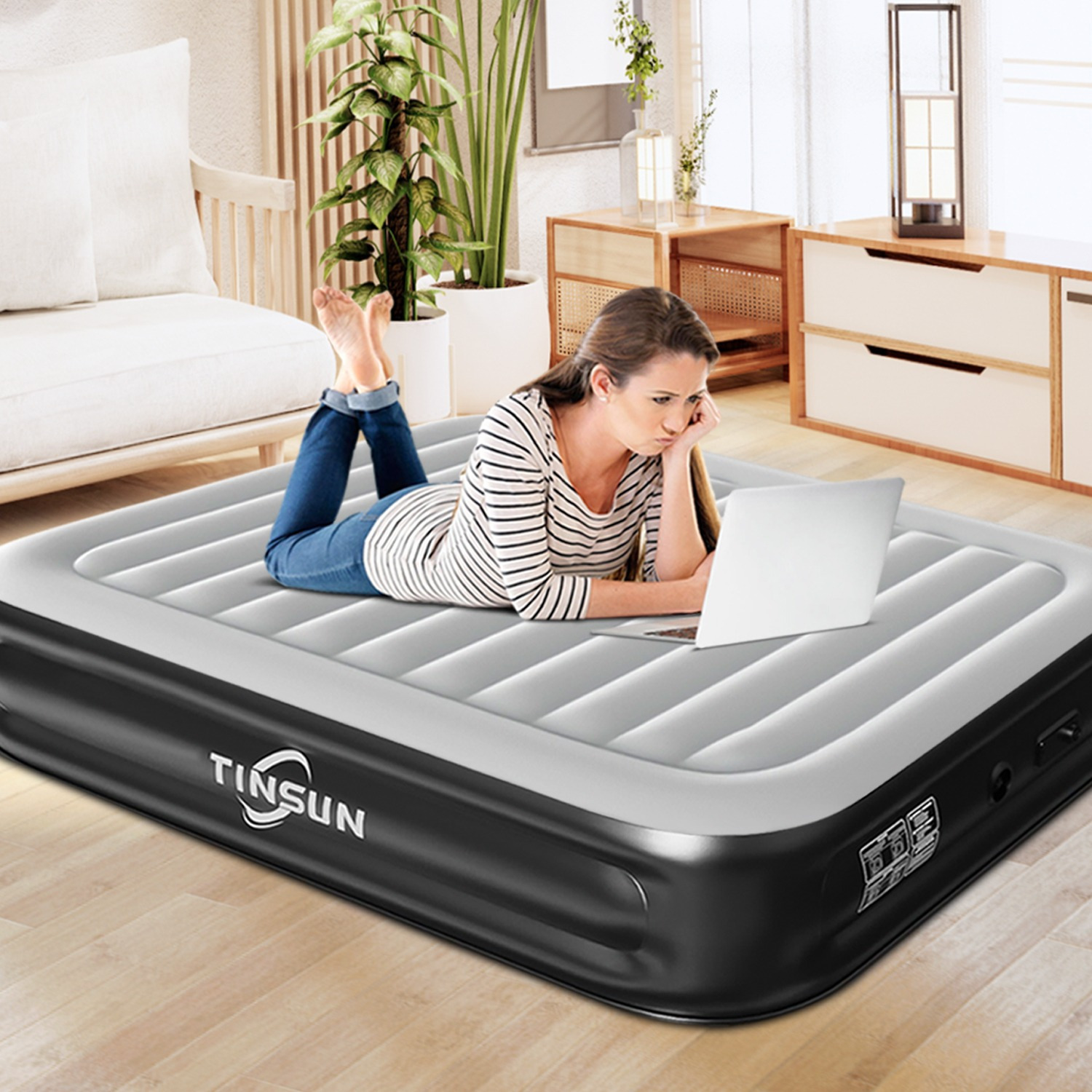 TEMU With Built In Pump, 18 Raised Blow Up Mattress, Upgraded 4 Chamber Airbed, Inflatable Mattress For Guests And Home, Colchon Inflable, Air Bed Grey
