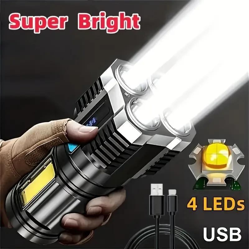 

Usb Rechargeable Led Flashlight - High , Cob & 4x , Handheld Tactical For Camping & Emergencies, Includes Usb Cable