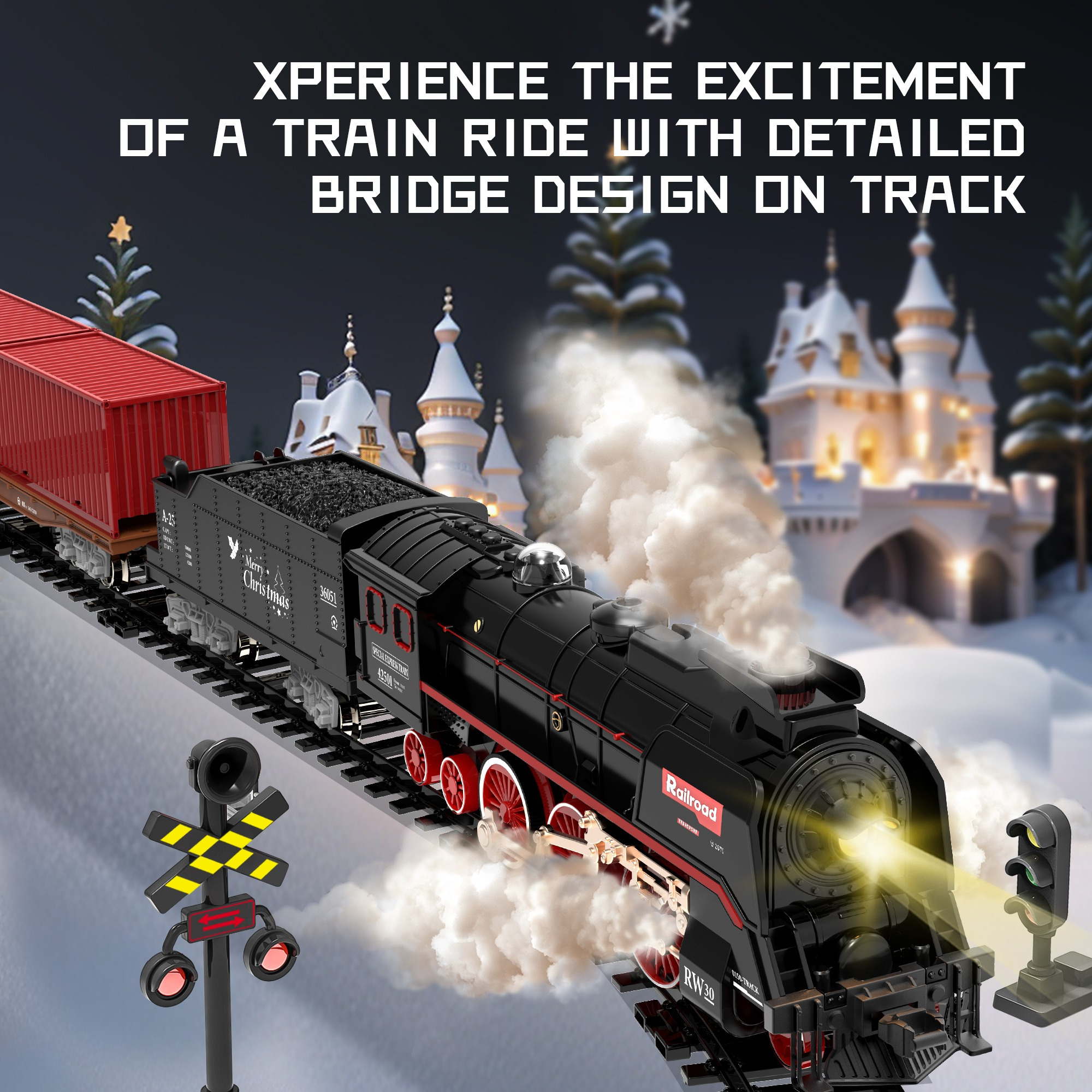 Remote Control Train Truck Track Set for Boys' Toy Cars, Train Toy Cars with Smoke, Lights & Sound, Toy Train Steam Locomotive with 2 Container Carriages & 1 Music Carriage, Model Trains for Ages 3+, Perfect Holiday Gift