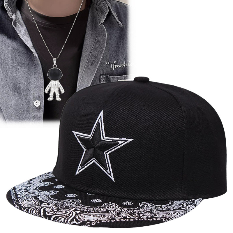 

2pcs Five-pointed Star Embroidered Baseball Cap Duck Cap Simple Astronaut Pendant Necklace Set Baseball Cap For Men And Women