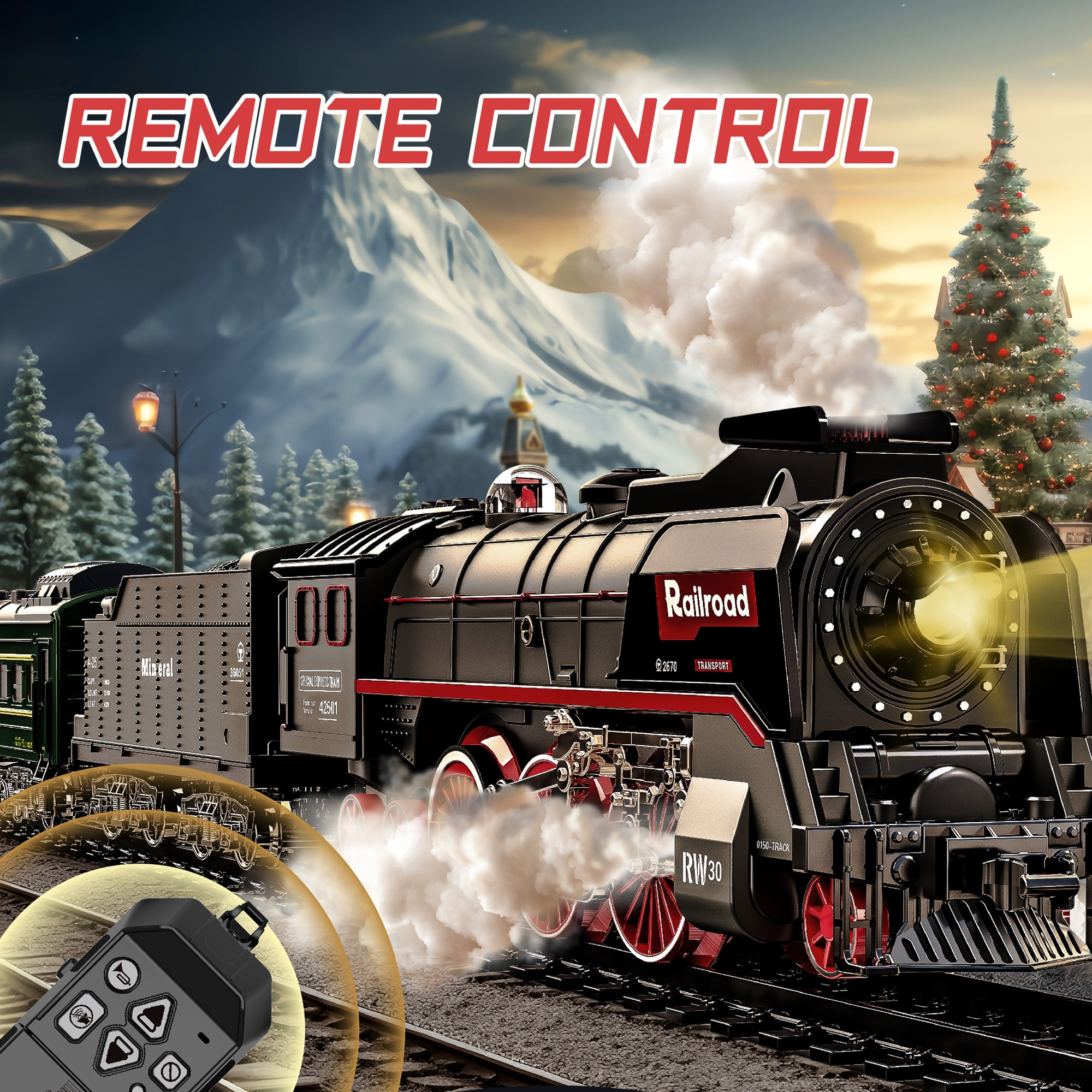 Remote Control Train Truck Track Set for Boys' Toy Cars, Train Toy Cars with Smoke, Lights & Sound, Toy Train Steam Locomotive with 2 Container Carriages & 1 Music Carriage, Model Trains for Ages 3+, Perfect Holiday Gift