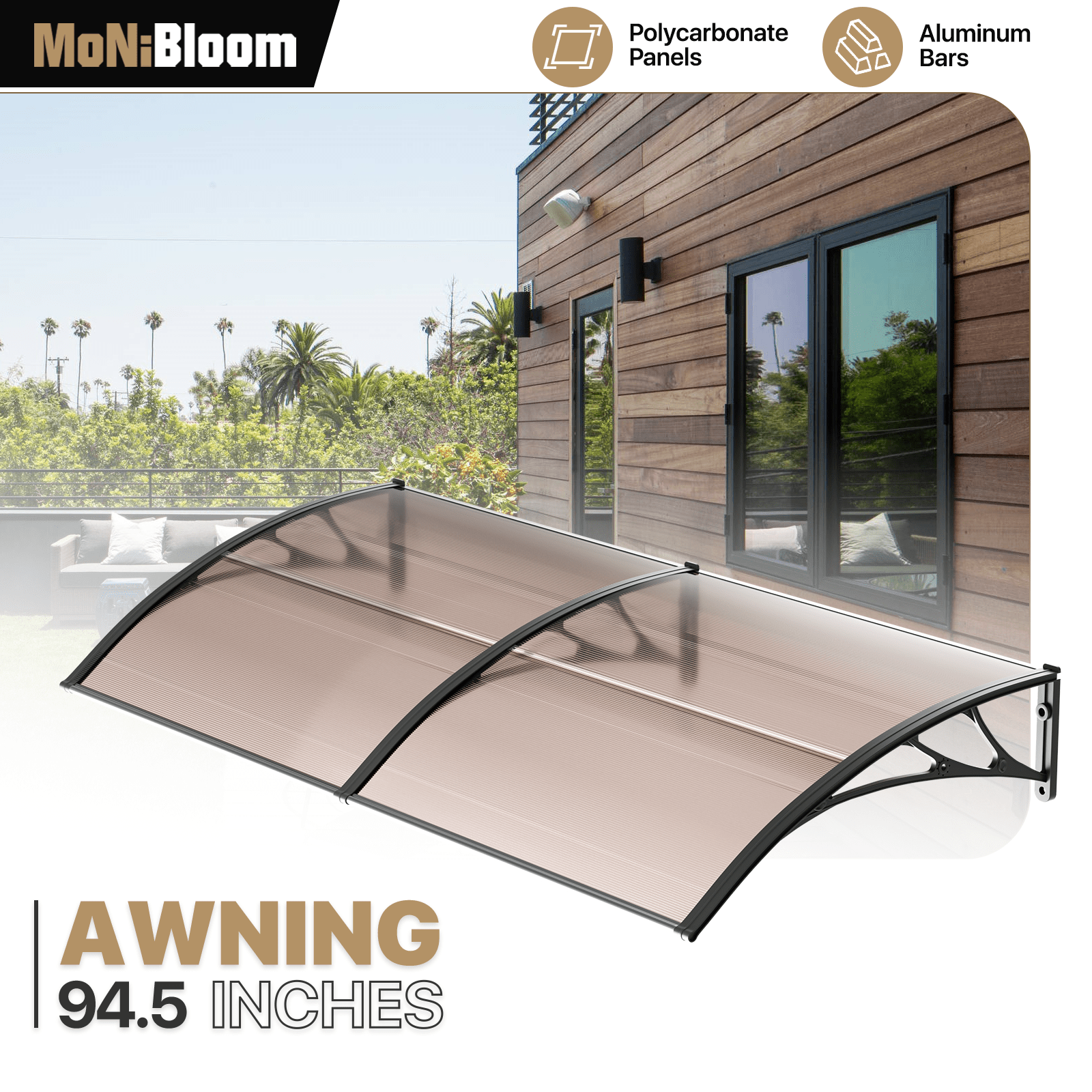 

Monibloom Patio Door Awning, 118"x39" Window Awning Door Canopy, Outdoor Polycarbonate Cover Outdoor Front Door Patio Canopy Rain Snow