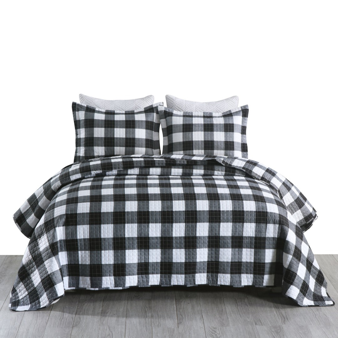 

3pcs Buffalo Plaid Check Quilt Bedspread Set - Lightweight Rustic Bedding For