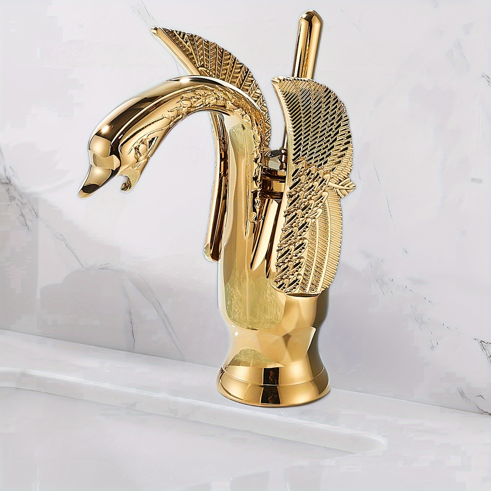 

1pc Gold Bathroom Sink Faucet,swan Faucet Swan Shaped Single Handle Single Hole Lavatory Basin Tap Mixer Bird Faucets, With 2 Supply Hoses