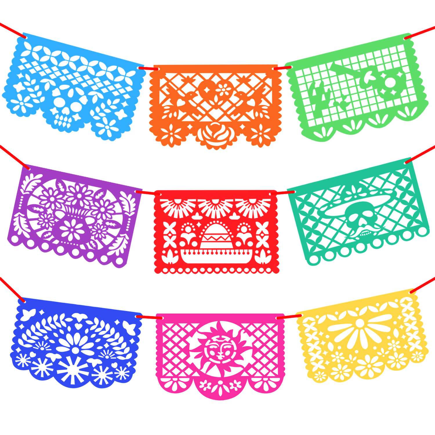 

15ft 9pcs Mexican Party Banners - Felt Banner - Mexican Fiesta Party Decorations For Dia De Los Muertos, De Mayo, 9 Pattern Panels