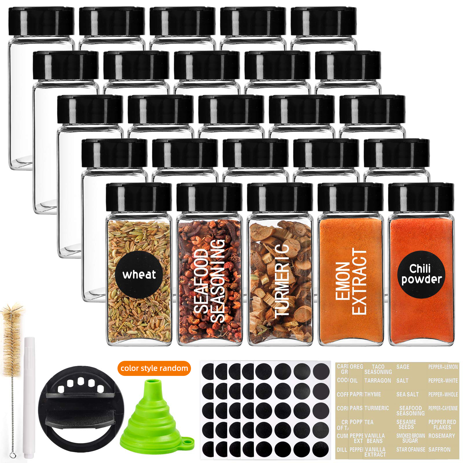 

Whonline 25 Pcs Glass Spice Jars With Labels, 4oz Square Seasoning Jars With Black Lids For Spice, Silicone Collapsible Funnel, Brush And Chalk Marker Included