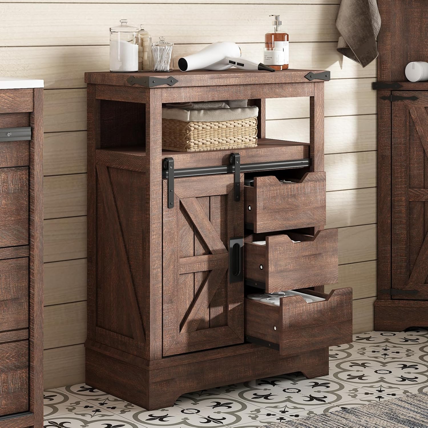 

24" Floor Cabinet, Farmhouse Storage Cabinet With 3 Drawers & Adjustable Shelf, Storage Cabinet With Sliding Barn Door For Bathroom