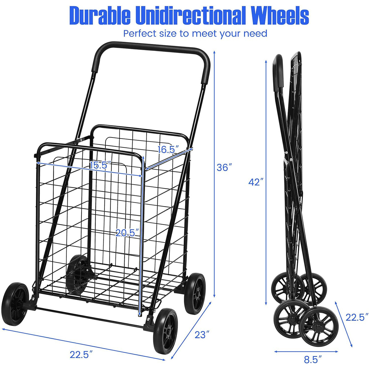 Chariot de course pliable 6 roues noir , mobilier pour les professionnels - Deco