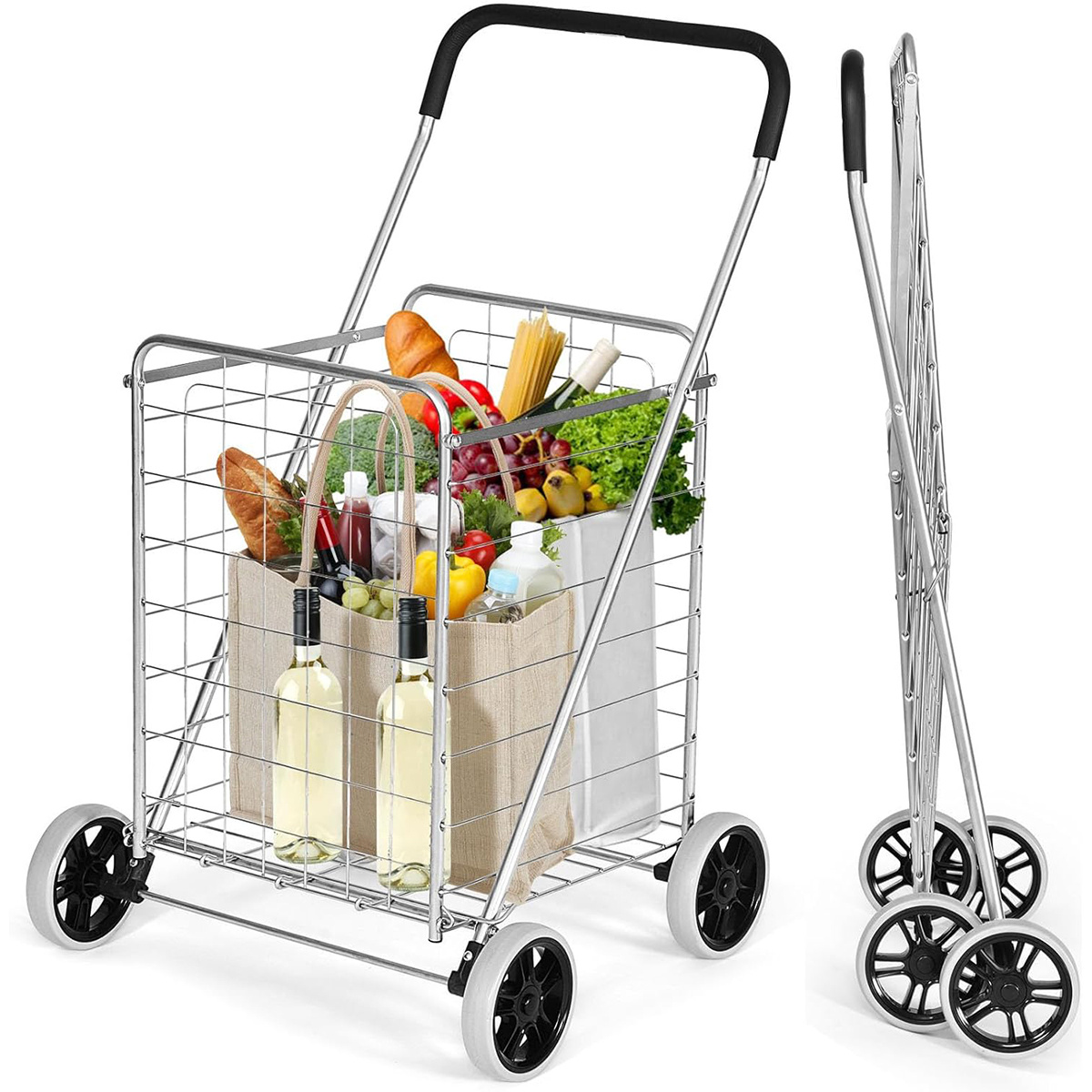 Chariot De Courses Pliable CLISPEED - 2 En 1 Avec Roulettes - Léger, Portable - Pour Supermarché, Voyage - Noir