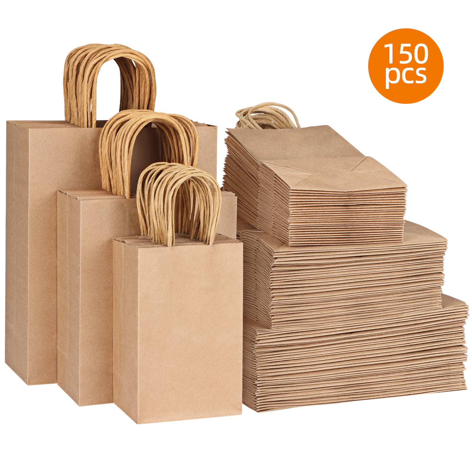 

Whonline 150pcs Paper Bags, 50 Per Size Paper Bags With Handles, Multiple 3 Assorted Sizes Gift Bags Bulk, Kraft Paper Bags For Small Business, Shopping Bags, Retail Bags, Favor Bag, 8/10/12.6 Inches