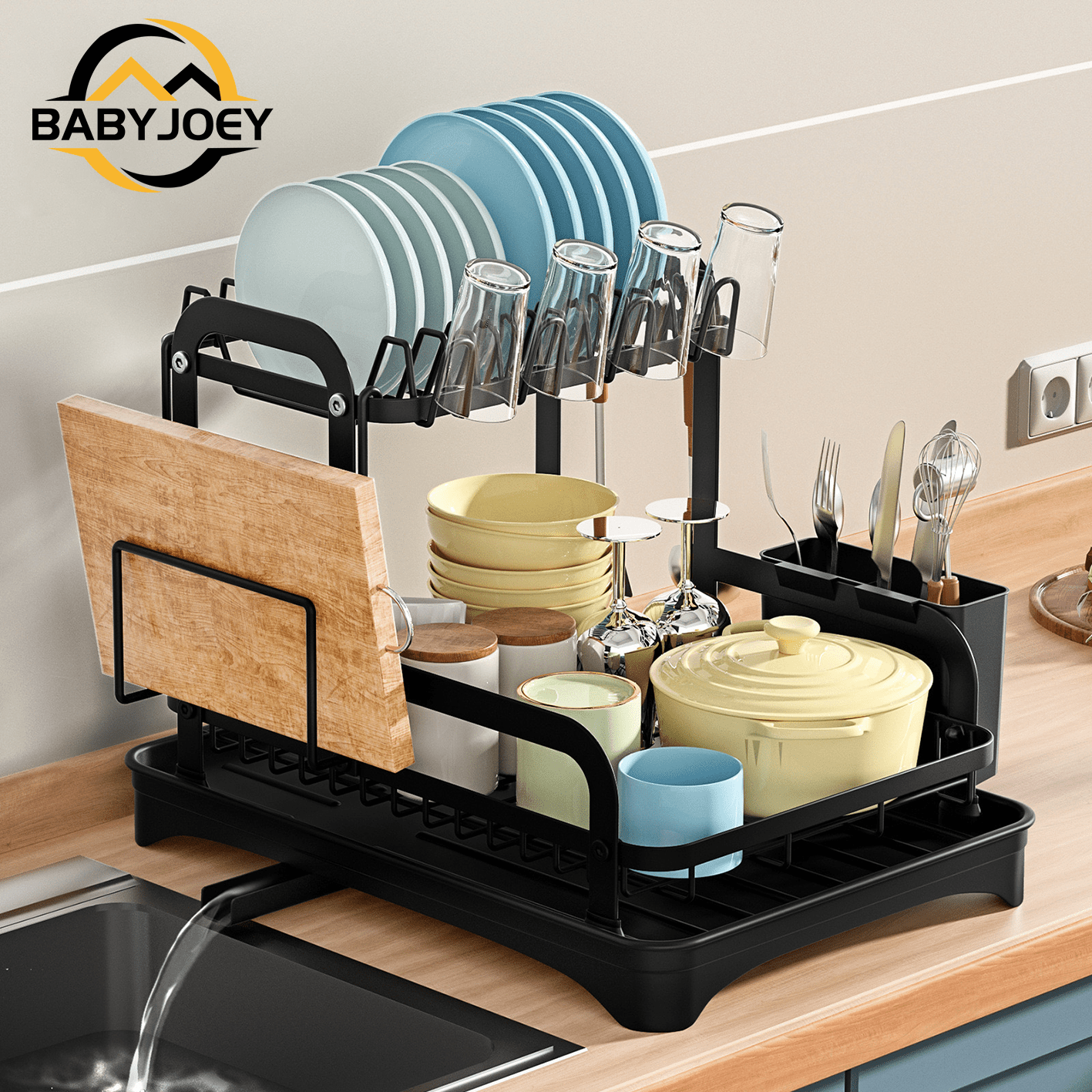 

1pc Large Capacity 2-tier Dish Drying Rack - Space-saving Over-sink Design With Restaurant-grade Features: Double Bowl & Cup Racks, Cutting Board Holder, Kitchen Organization