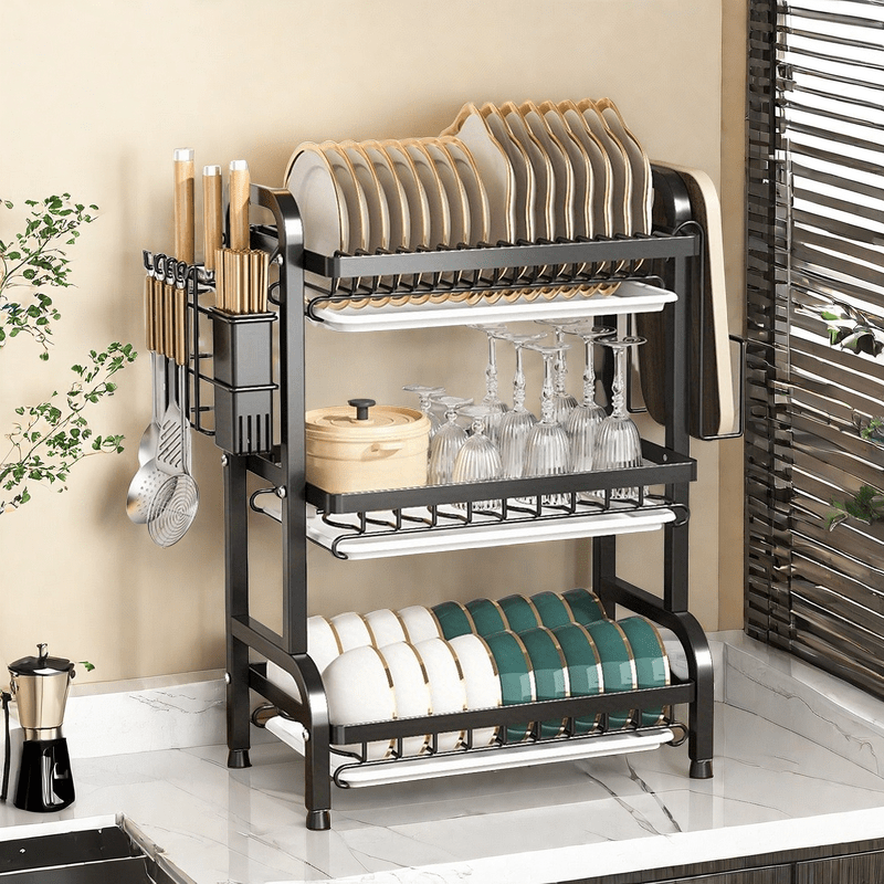 TEMU Space-saving 3-level Kitchen Dish Rack With Drain Board - Carbon Steel With Cutlery And Cup Holder, Perfect For Countertops Or Sink Finishes