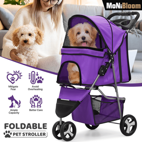foldable dog strollers for small dogs with weather cover 3 wheels pet strolling cart for dogs and cats with storage basket and cup holder breathable and mesh for