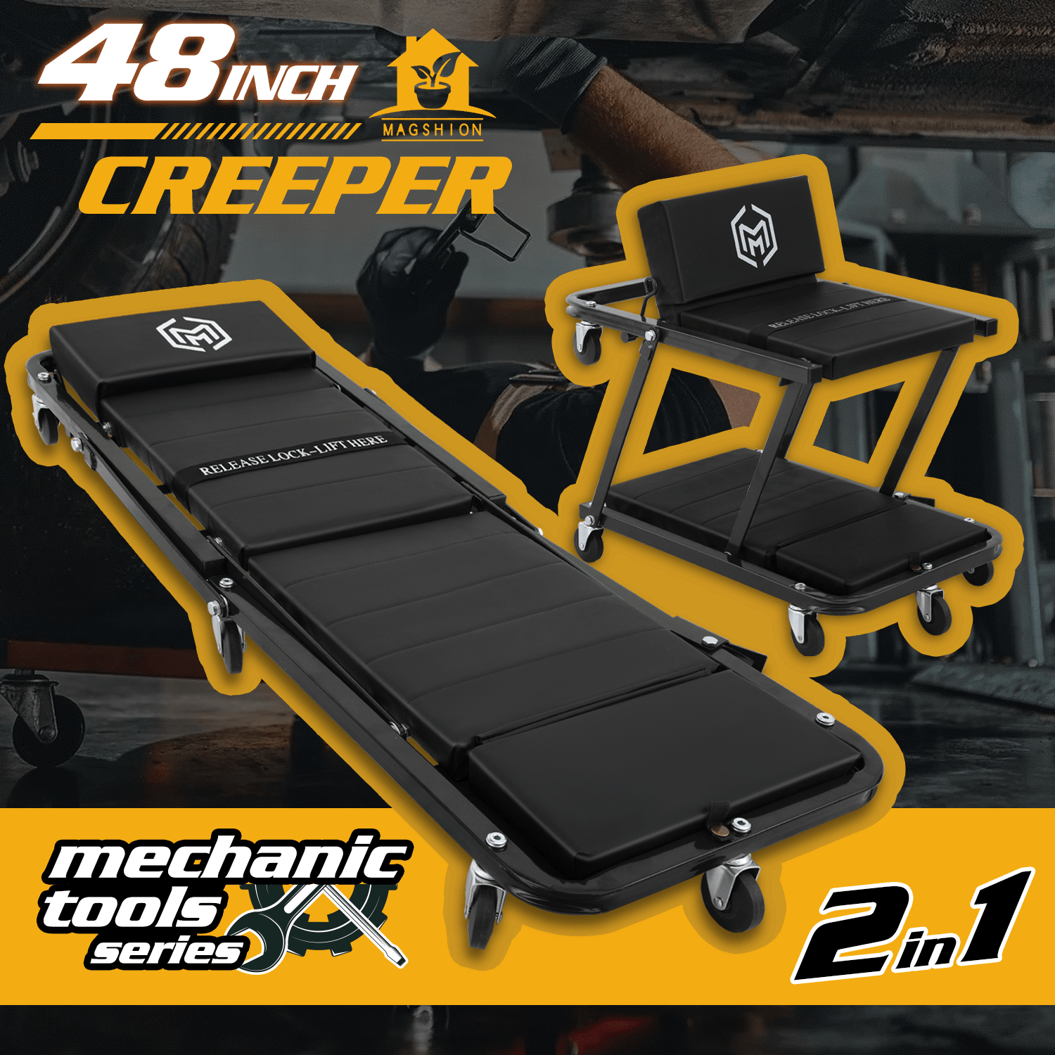 

48" Heavy-duty 2-in-1 Low Profile Z Creeper With Backrest And Casters, Rolling Creeper Seat With 330 Lbs Capacity