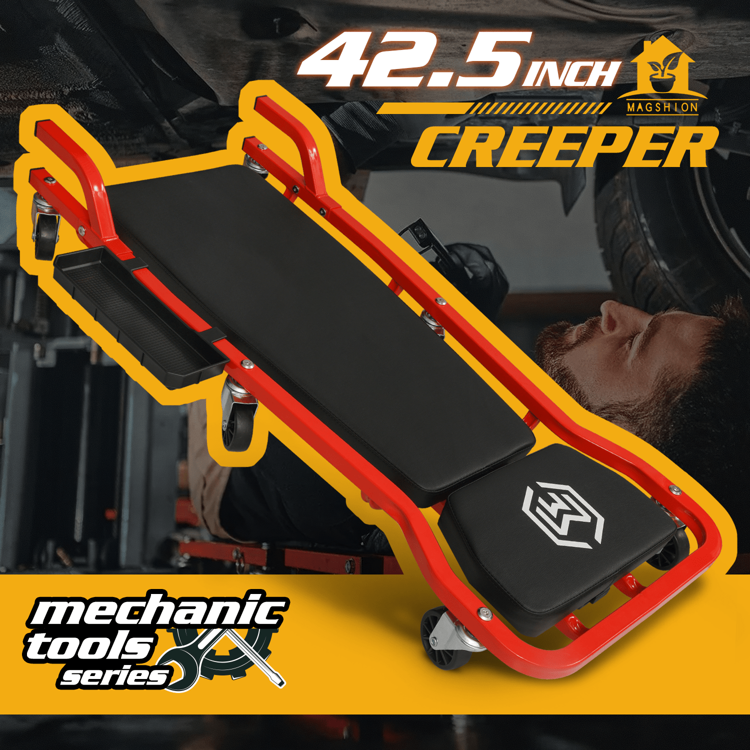 

Heavy Duty Automotive Creeper With Adjustable Headrest, 43.5" Padded Steel Frame Creeper With Tools Tray For Garage Shop, 6 Noiseless Casters 300lbs Capacity