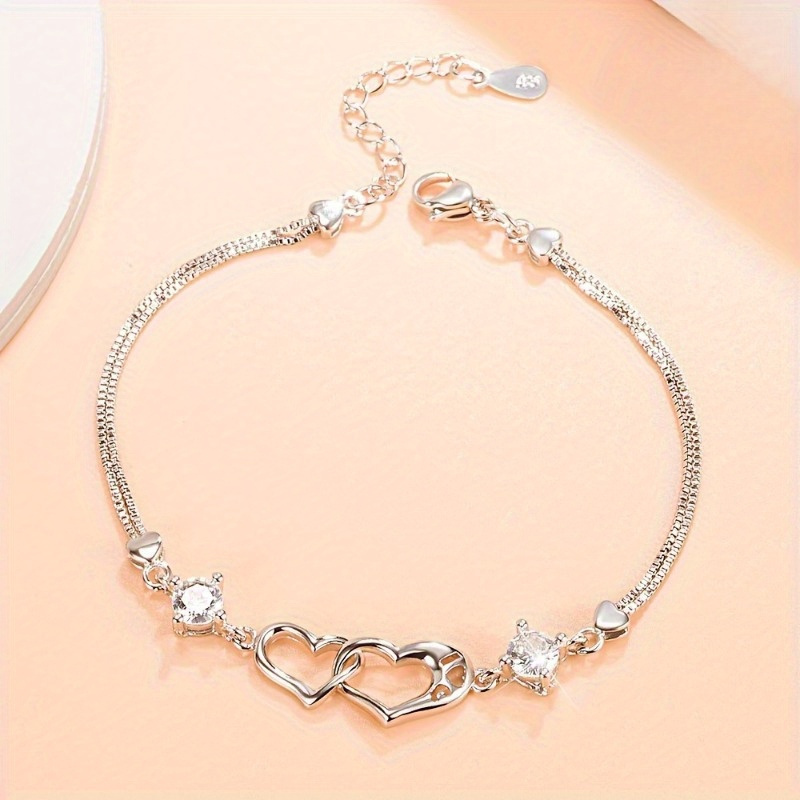 

Ladies' Fashion 1 Piece Of 925 Sterling Silver Exquisite Double Heart Chain Bracelet - Fashionable, Elegant, Adjustable Bracelet, Perfect Romantic Valentine's Day Gift