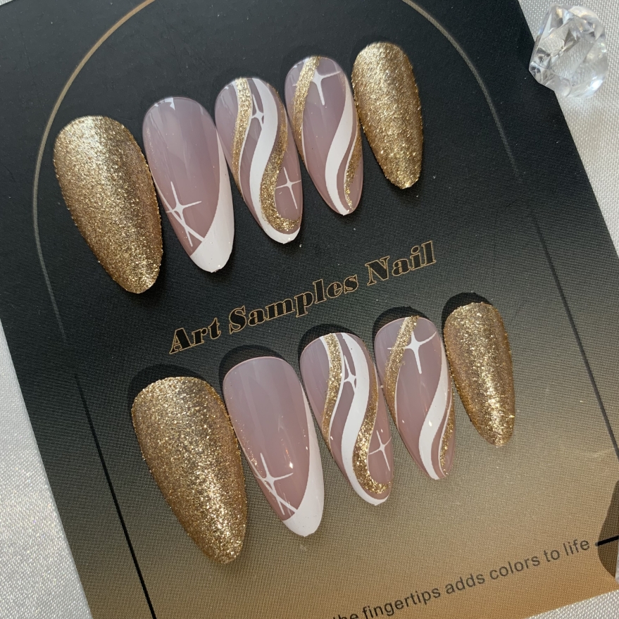 

Press On Nails Golden Medium Fake Nails Press Ons With Designs False Nails Long Full Cover Glue On Nails Cute Acrylic Stick On Nails For Women Nails Manicure Decoration 24pcs