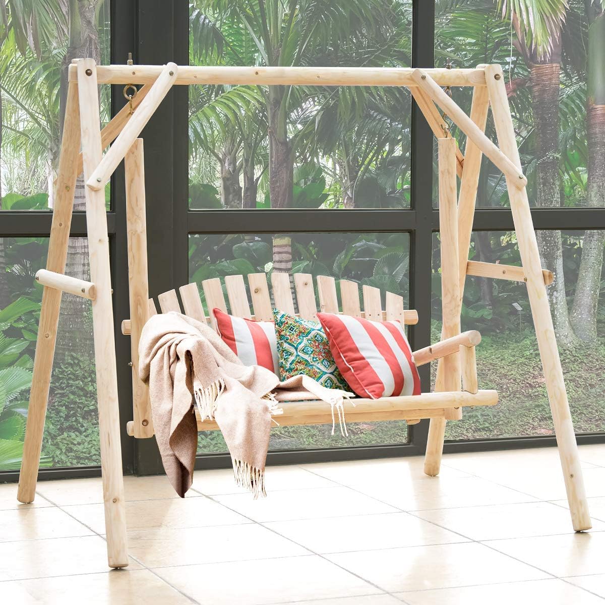 wooden porch swing a frame wood log swing bench Temu