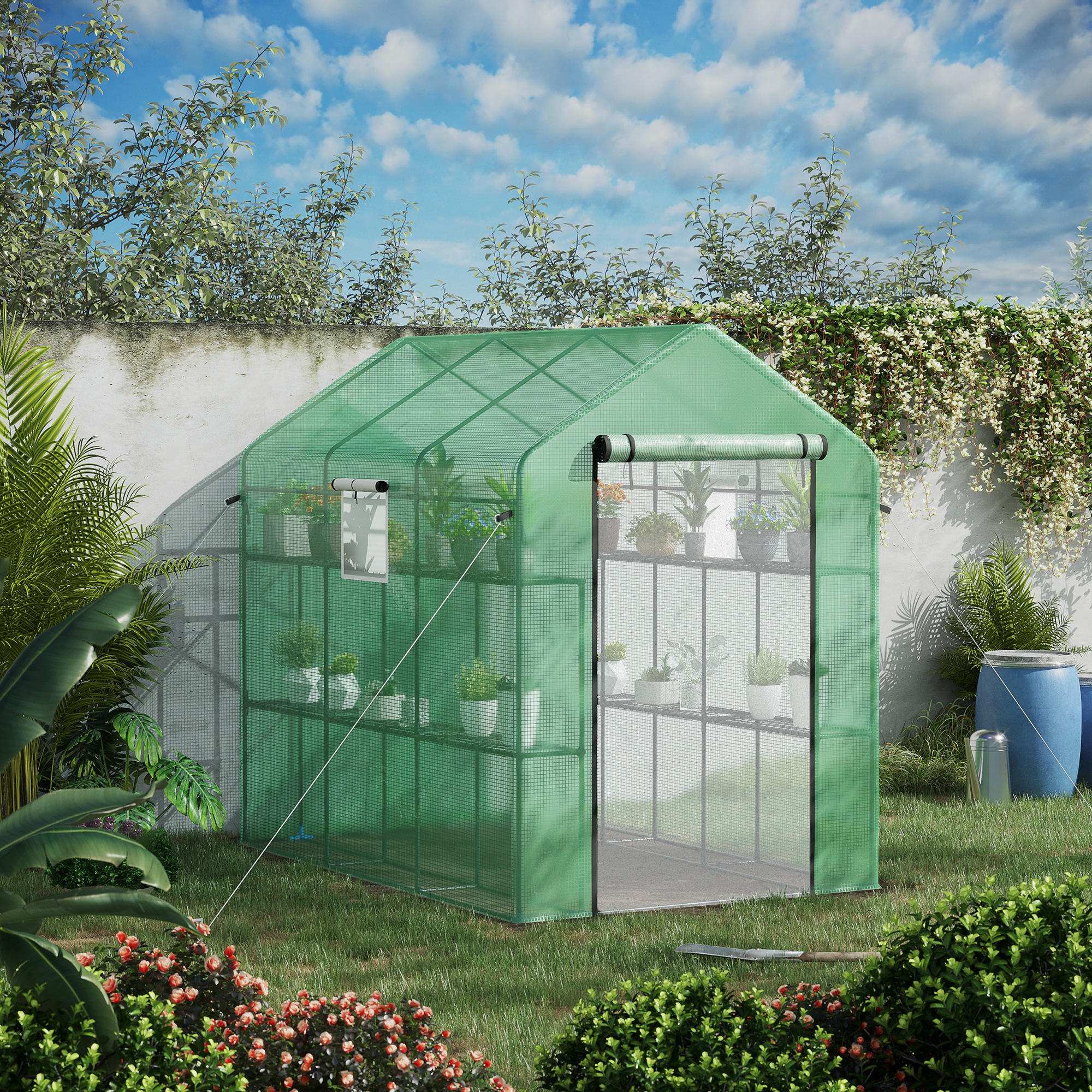 

Outsunny 7' X 5' X 6' Walk-in Greenhouse With Mesh Door And Windows, 18 Shelf With Trellis, Plant Labels, Uv Protective For Growing Flowers, Herbs, Vegetables, , Green