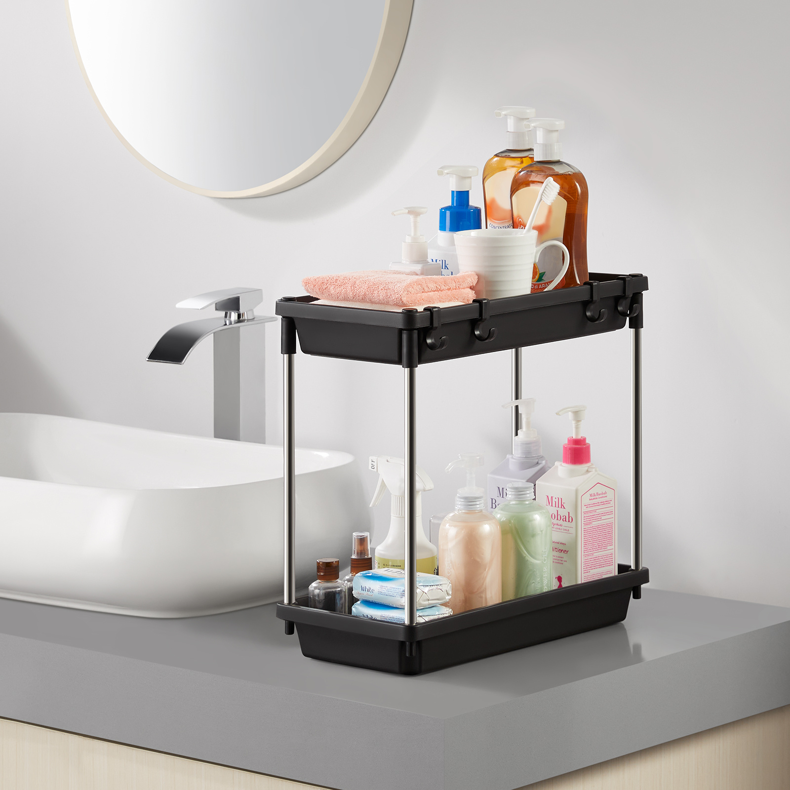 Sink Organizer 2 Tier Shelf Rack 4 Hooks Bathroom Cabinet - Temu