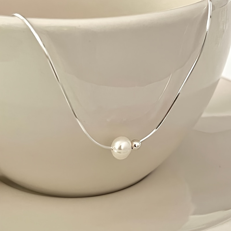 

Ladies' Fashion 925 Sterling Silver Necklace, Elegant Freshwater Pearl With Snake Bone Chain, Chic Minimalist Jewelry Gifts For Women