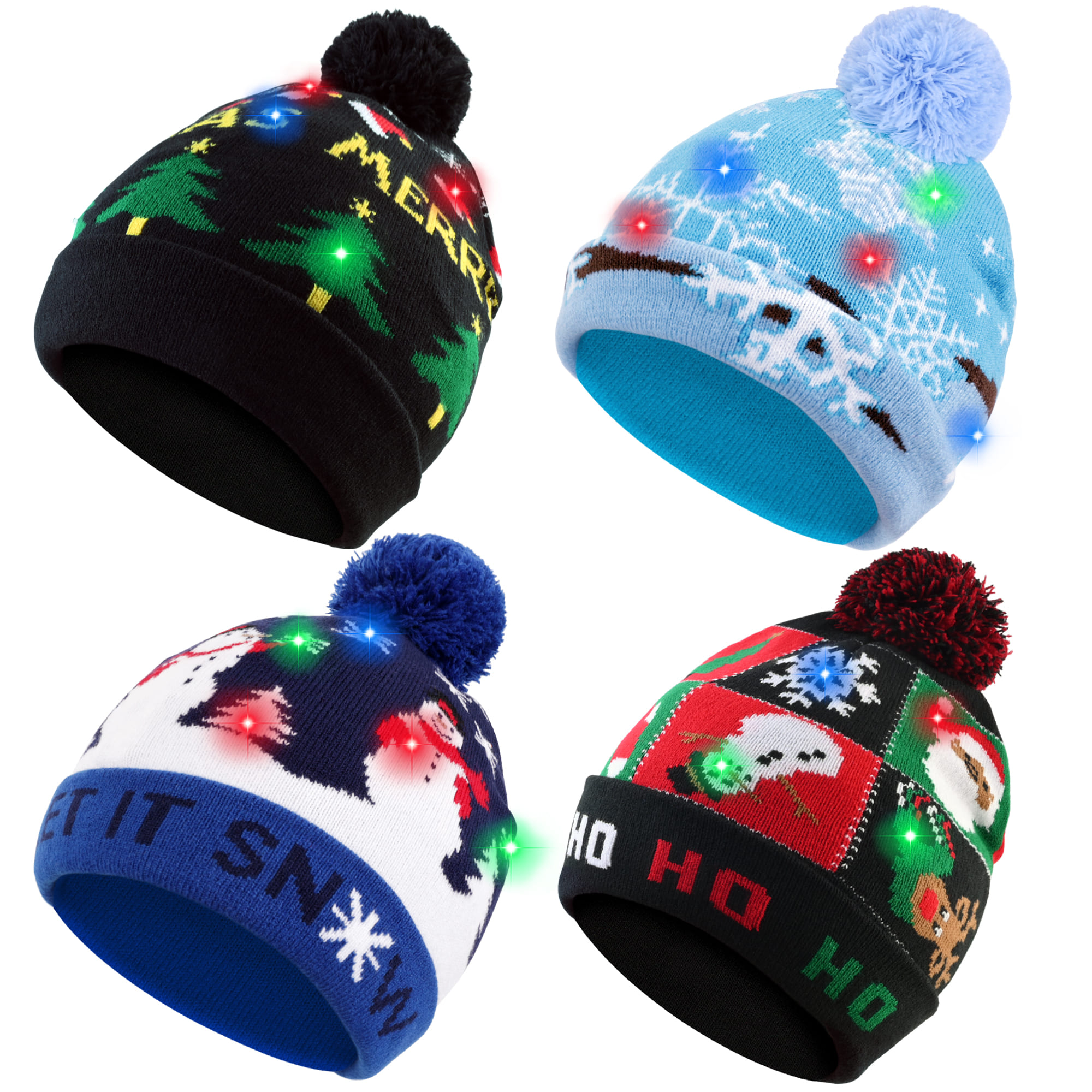 TEMU Party Hats For Halloween & Christmas, 4 Pack Led Light Up Christmas Beanie Hats Xmas Knitted Hat Unisex Winter Hat Flashing For Adults Kids