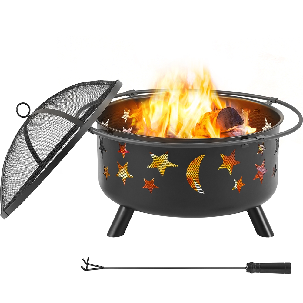 

30 In Fire Pit Set Wood Burning Heater With Stars Moons Pattern Heating Warm Equipment For Outside/ Patio/ Garden, Black