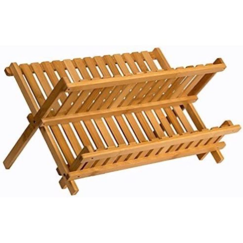 

Bamboo Drying Rack - 2 Tier Wooden Dish Drainer - Collapsible Compact Plate Rack For Kitchen - Dish Drying Rack