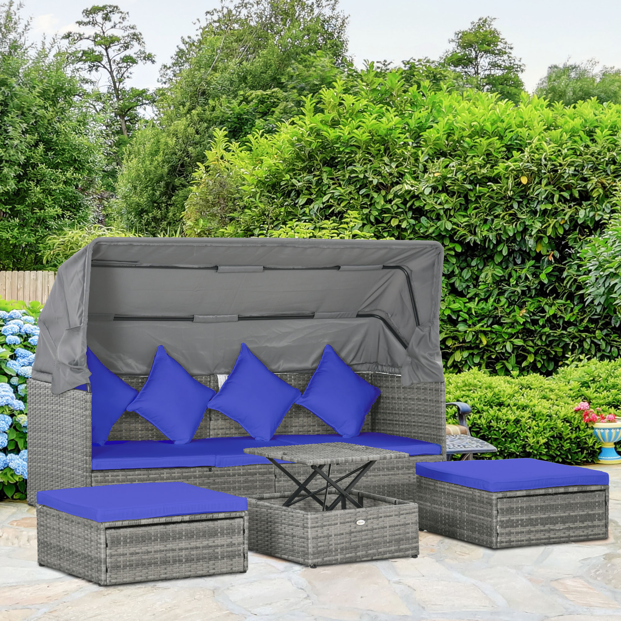 

Outsunny 4 Piece Patio Furniture Set With Cushions, Pe Rattan Daybed With Retractable , Outdoor Sectional Sofa Set With Adjustable Backrest, Height Adjustable Coffee Table,