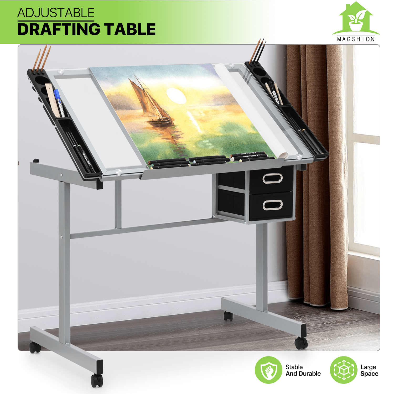 

Craft And Drawing Station, Transparent Tempered Glass Top Drafting Table With Dual Drawers, Side Trays & Built-in Pencil , Angle Adjustable Work Surface