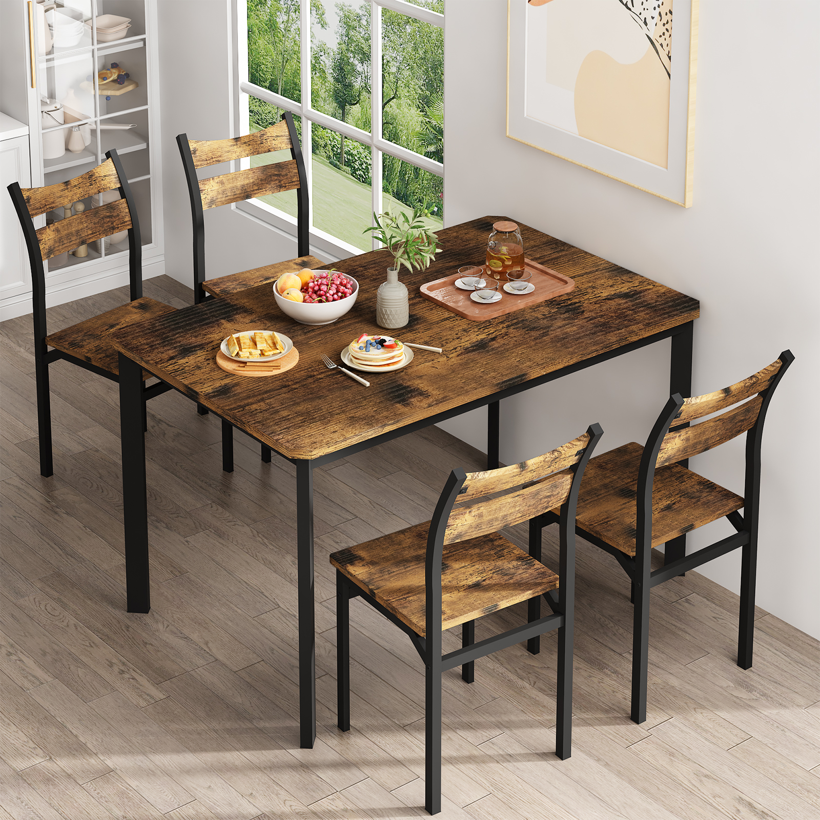 

Dining Table Set For 4 Wood Kitchen Table Chairs Set Of 4, 5 Piece Dining Table Set With Ergonomics Chairs For Home, , Small Space, Apartment