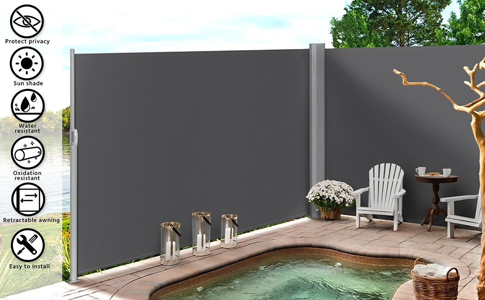 Costoffs 19.7 L x 6 H Side Awning Double Retractable Screen, Retractable Space Divider Waterproof & UV-Resistant for Patio/ Garden, Dark Gray