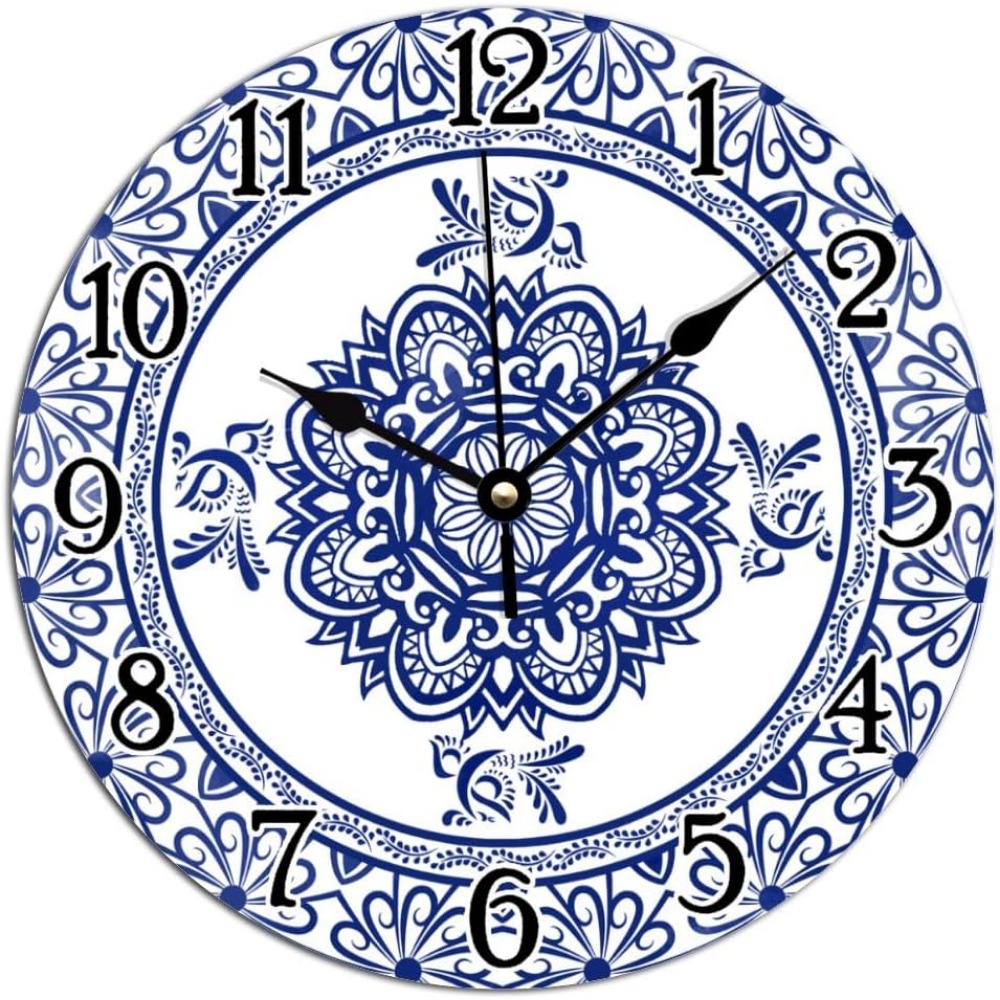 

Blue And White Damask Wall Clock Vintage Round Clock Wall Decor 10 Inch Battery Operated Large 1 Size, Friendship Gift Best Friend Gift