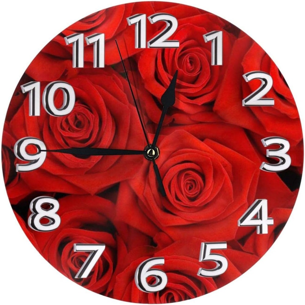 

Fashion Wall Clock Silent Non Ticking Red Rose Round Wall Clock For Living Room Kitchen Home Bedroom Decoration 10 Inches, Gifts Ideas Presents For Birthday Christmas Mothers Fathers Day