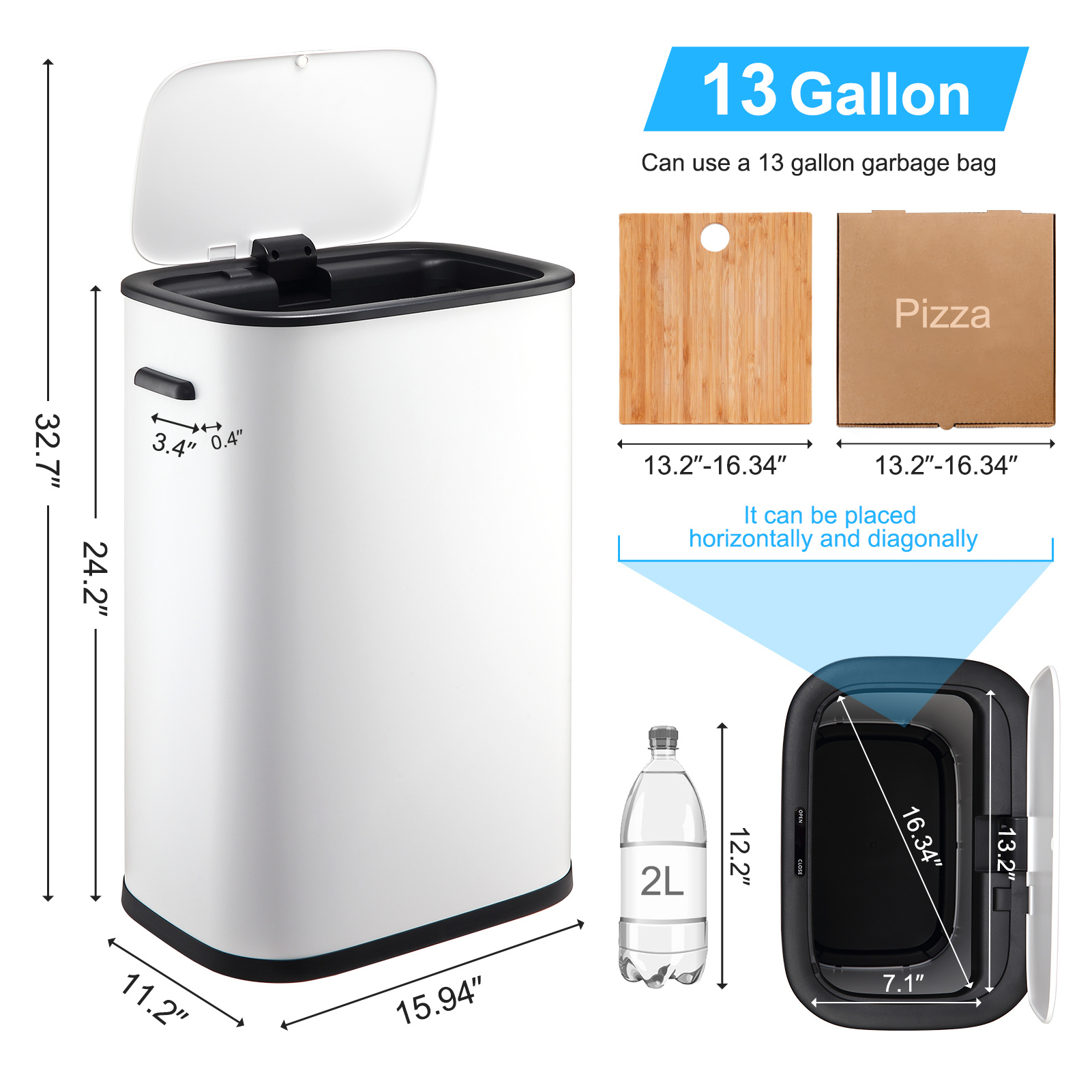 

13 Gallon Sensor Can, Kitchen Trash Can With Lid, Sensor-activated Lid Garbage Bin For Home, Office, Battery Not Included, Grey