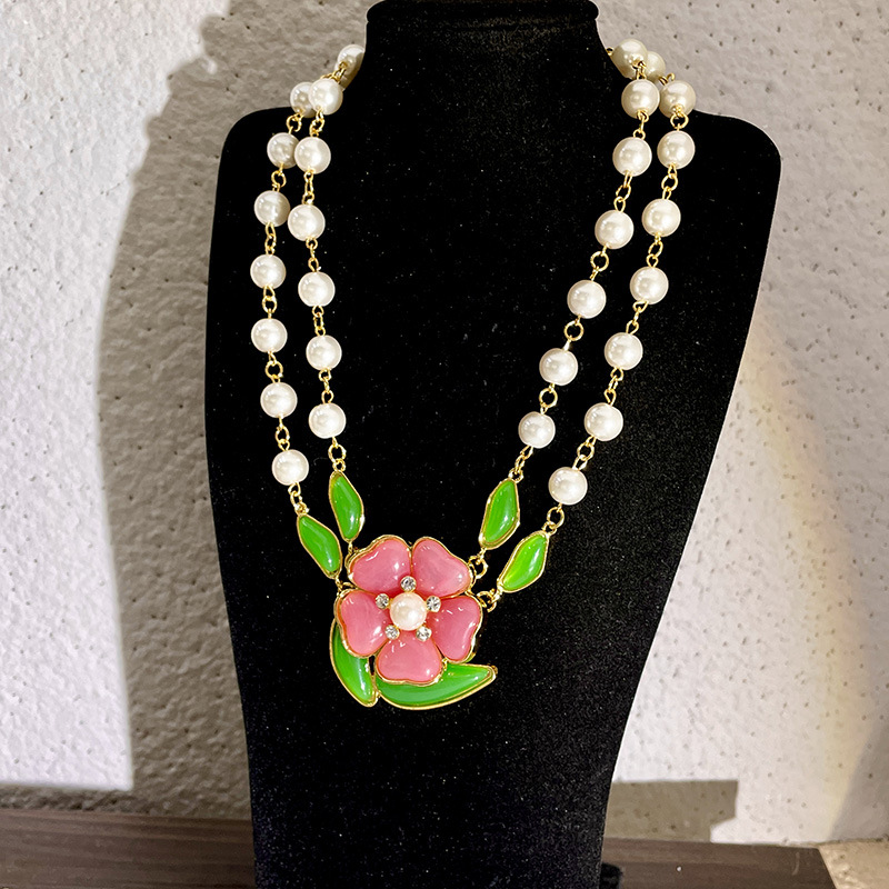 

1pc Light Luxury Flower Imitation Pearl Beads Inlaid Rhinestone Fashion Stainless Steel Plated 18k Golden Multicolor Multi-layer Necklace Women Party Wear