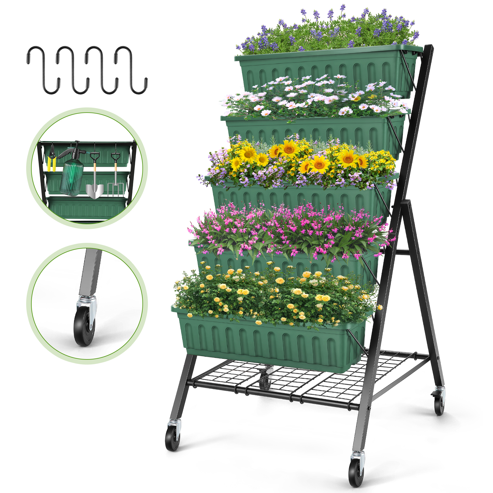 

Homdox 5-tier Raised Garden Bed Planter Box, 4ft Vertical Garden With Removable Locking Wheels And Storage Rack For Patio, Outdoor, Planting Flowers, , Stand Alone Garden Planters