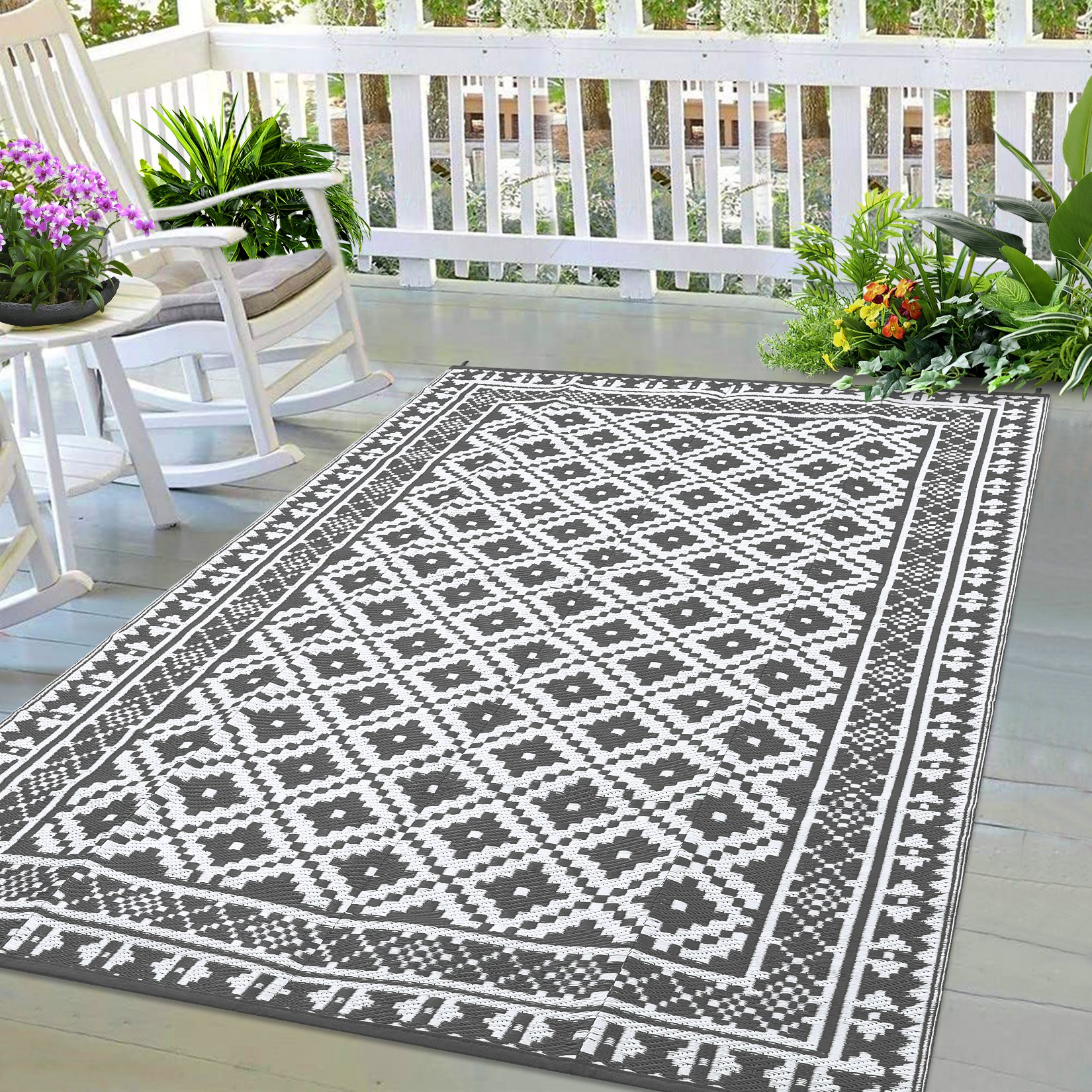 

Reversible Waterproof Outdoor Rug, Boho Plastic Straw Patio Rug For Rv, Porch, Deck, Camper, Balcony & Backyard