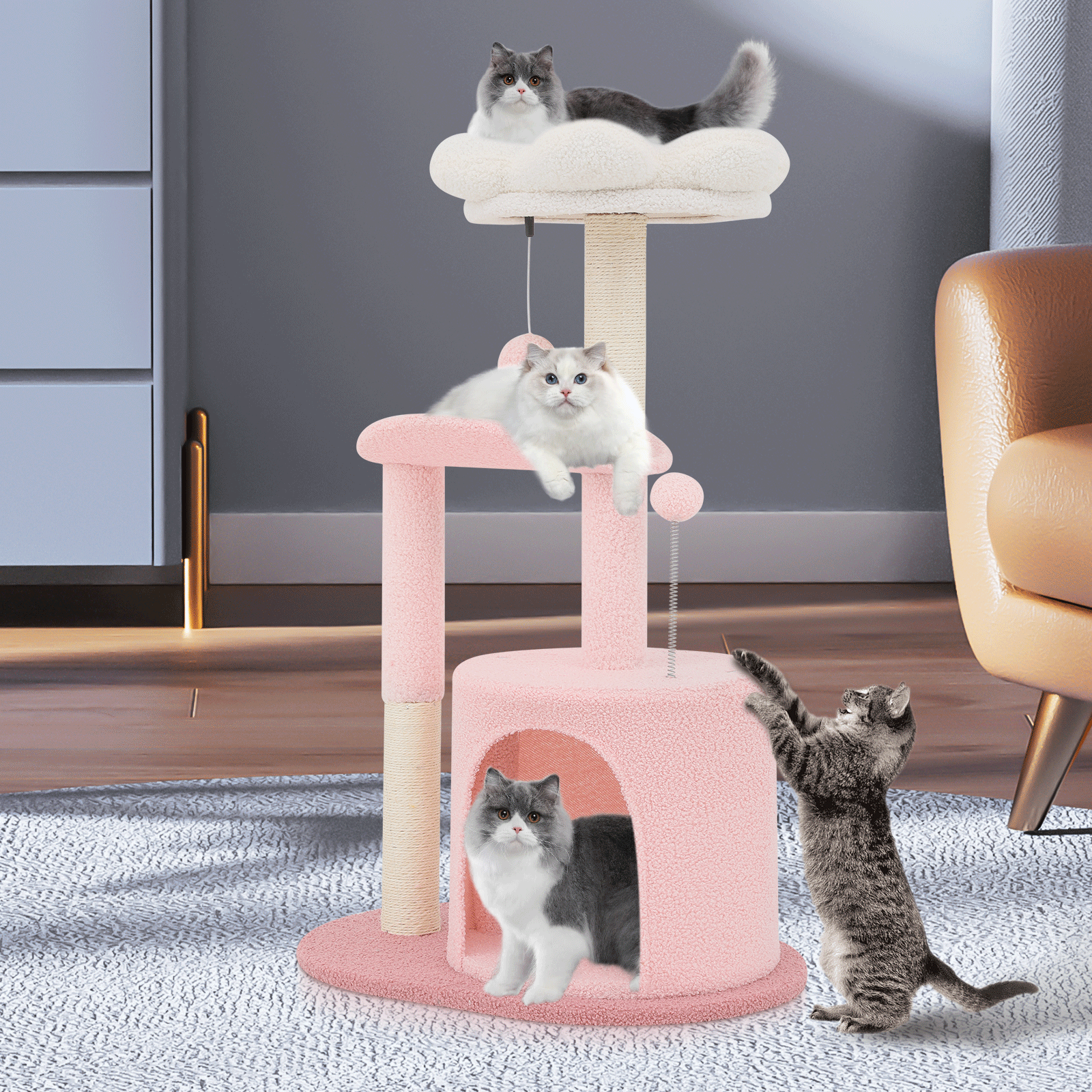 

33" Flower Cat Tower, Cute Cat Activity Tree With Scratching Post For Indoor Kittens, Cozy Condo & Plush Perches