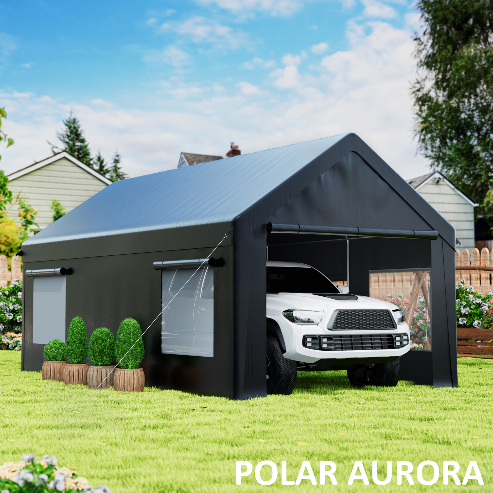 

Polar Aurora 12x20 Ft Heavy-duty Carport Shelter With Reinforced Base And Side-access Door, Versatile Portable Garage For Vehicles, Boats, And Trucks, In Classic White,black