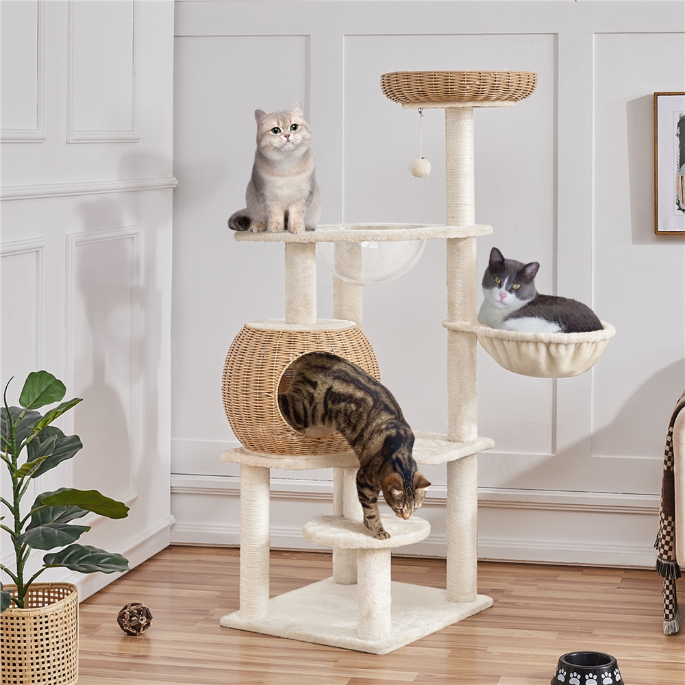 

Cat Tree 54 Inch Tall Rattan Cat Tower With Woven Condo And Soft Washable Cushion House With Cat Furniture For Indoor Cats